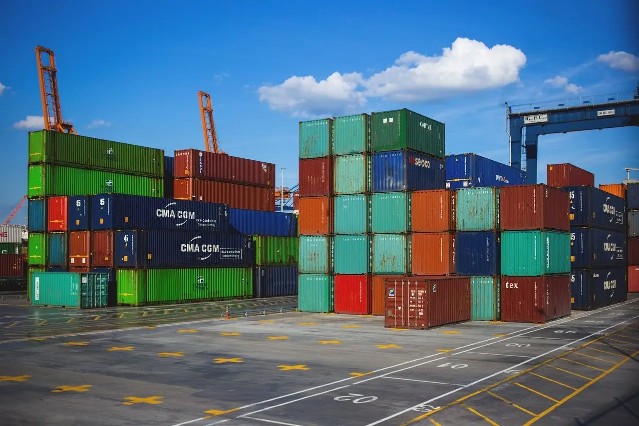Stacked shipping containers at a port